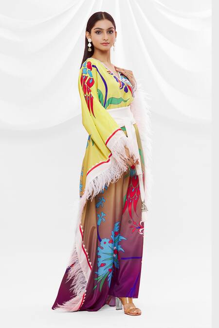Pria Kataria Puri Yellow Crepe Floral V Neck Pattern Kaftan Online at Aza Fashions Pria Kataria Puri_Yellow Crepe Floral V Neck Pattern Kaftan _Online_at_Aza_Fashions