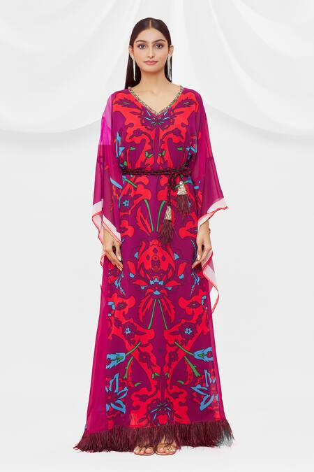 Buy Pria Kataria Puri Maroon Crepe Floral V Neck Pattern Kaftan Online at Aza Fashions Buy_Pria Kataria Puri_Maroon Crepe Floral V Neck Pattern Kaftan _Online_at_Aza_Fashions