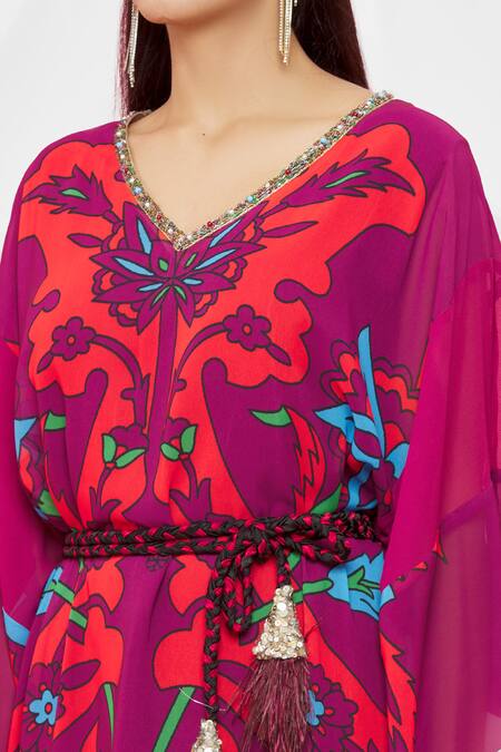 Pria Kataria Puri Maroon Crepe Floral V Neck Pattern Kaftan at Aza Fashions Pria Kataria Puri_Maroon Crepe Floral V Neck Pattern Kaftan _at_Aza_Fashions