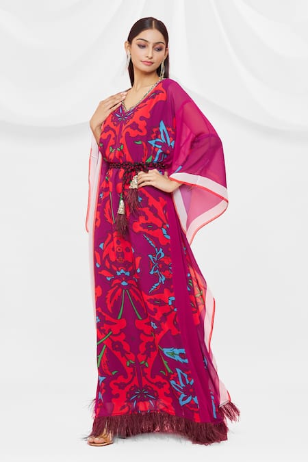 Pria Kataria Puri Maroon Crepe Floral V Neck Pattern Kaftan Online at Aza Fashions Pria Kataria Puri_Maroon Crepe Floral V Neck Pattern Kaftan _Online_at_Aza_Fashions