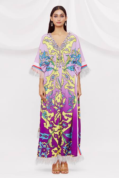 Pria Kataria Puri Purple Crepe Embellished Floral V Neck Pattern Kaftan Online at Aza Fashions Pria Kataria Puri_Purple Crepe Embellished Floral V Neck Pattern Kaftan _Online_at_Aza_Fashions