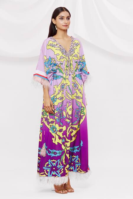 Shop Pria Kataria Puri Purple Crepe Embellished Floral V Neck Pattern Kaftan Online at Aza Fashions Shop_Pria Kataria Puri_Purple Crepe Embellished Floral V Neck Pattern Kaftan _Online_at_Aza_Fashions