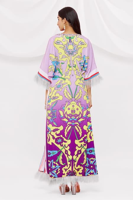 Shop Pria Kataria Puri Purple Crepe Embellished Floral V Neck Pattern Kaftan at Aza Fashions Shop_Pria Kataria Puri_Purple Crepe Embellished Floral V Neck Pattern Kaftan _at_Aza_Fashions