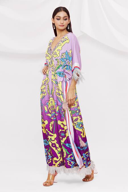 Buy Pria Kataria Puri Purple Crepe Embellished Floral V Neck Pattern Kaftan Online at Aza Fashions Buy_Pria Kataria Puri_Purple Crepe Embellished Floral V Neck Pattern Kaftan _Online_at_Aza_Fashions