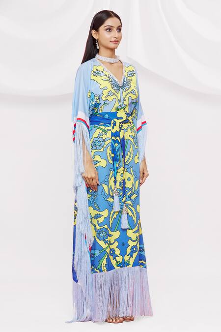 Shop Pria Kataria Puri Blue Crepe Floral V Neck Pattern Tassel Sleeve Kaftan Online at Aza Fashions Shop_Pria Kataria Puri_Blue Crepe Floral V Neck Pattern Tassel Sleeve Kaftan _Online_at_Aza_Fashions