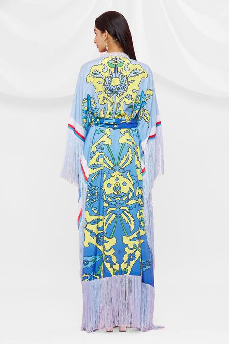 Shop Pria Kataria Puri Blue Crepe Floral V Neck Pattern Tassel Sleeve Kaftan at Aza Fashions Shop_Pria Kataria Puri_Blue Crepe Floral V Neck Pattern Tassel Sleeve Kaftan _at_Aza_Fashions