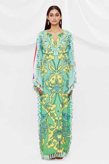 Buy Pria Kataria Puri Green Crepe Floral Notched Pattern Dress Online at Aza Fashions Buy_Pria Kataria Puri_Green Crepe Floral Notched Pattern Dress _Online_at_Aza_Fashions