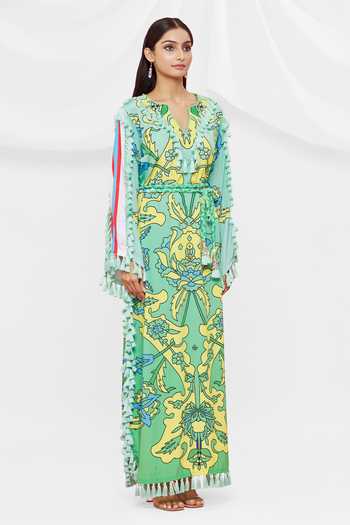 Shop Pria Kataria Puri Green Crepe Floral Notched Pattern Dress Online at Aza Fashions Shop_Pria Kataria Puri_Green Crepe Floral Notched Pattern Dress _Online_at_Aza_Fashions