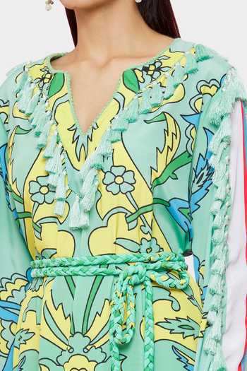 Pria Kataria Puri Green Crepe Floral Notched Pattern Dress at Aza Fashions Pria Kataria Puri_Green Crepe Floral Notched Pattern Dress _at_Aza_Fashions