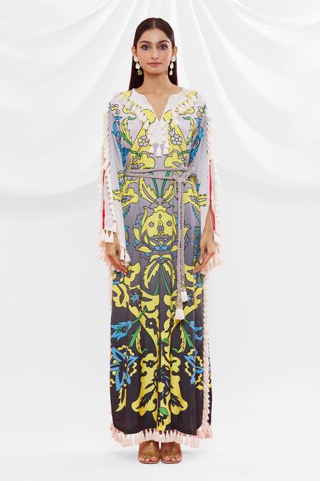 Shop Pria Kataria Puri Black Crepe Floral Notched Pattern Dress Online at Aza Fashions Shop_Pria Kataria Puri_Black Crepe Floral Notched Pattern Dress _Online_at_Aza_Fashions