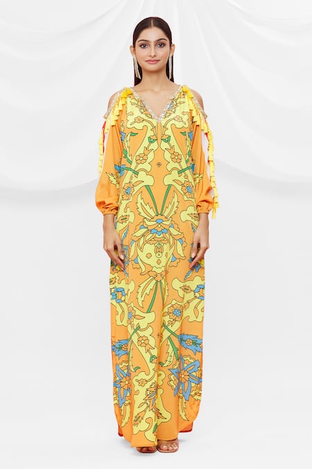 Shop Pria Kataria Puri Orange Crepe Floral V Neck Pattern Cold Shoulder Dress Online at Aza Fashions Shop_Pria Kataria Puri_Orange Crepe Floral V Neck Pattern Cold Shoulder Dress _Online_at_Aza_Fashions