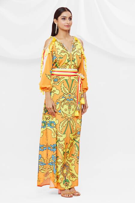 Pria Kataria Puri Orange Crepe Floral V Neck Pattern Cold Shoulder Dress Online at Aza Fashions Pria Kataria Puri_Orange Crepe Floral V Neck Pattern Cold Shoulder Dress _Online_at_Aza_Fashions