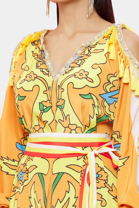 Pria Kataria Puri Orange Crepe Floral V Neck Pattern Cold Shoulder Dress at Aza Fashions Pria Kataria Puri_Orange Crepe Floral V Neck Pattern Cold Shoulder Dress _at_Aza_Fashions