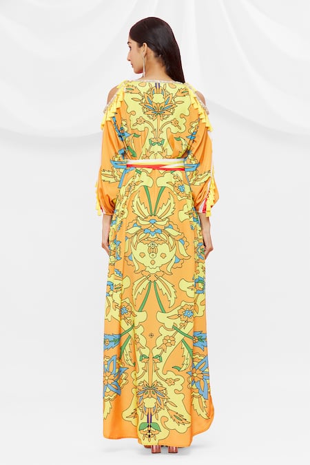 Shop Pria Kataria Puri Orange Crepe Floral V Neck Pattern Cold Shoulder Dress at Aza Fashions Shop_Pria Kataria Puri_Orange Crepe Floral V Neck Pattern Cold Shoulder Dress _at_Aza_Fashions