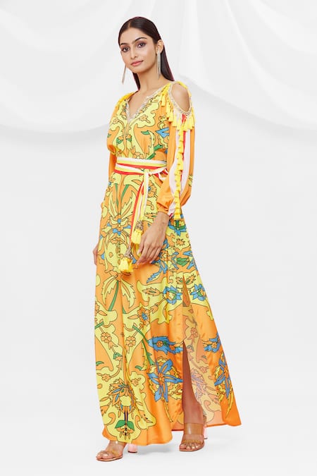 Buy Pria Kataria Puri Orange Crepe Floral V Neck Pattern Cold Shoulder Dress Online at Aza Fashions Buy_Pria Kataria Puri_Orange Crepe Floral V Neck Pattern Cold Shoulder Dress _Online_at_Aza_Fashions