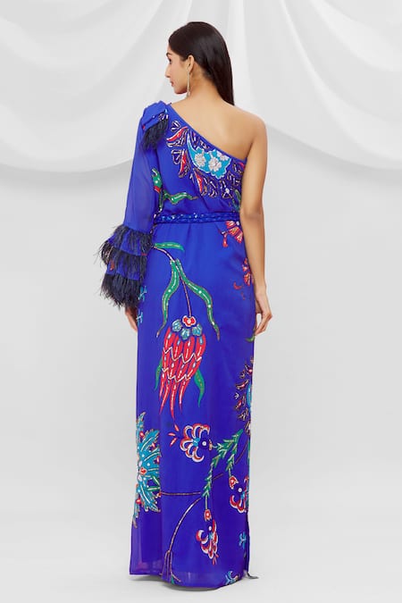 Shop Pria Kataria Puri Blue Georgette Embellished Floral Pattern One Shoulder Dress at Aza Fashions Shop_Pria Kataria Puri_Blue Georgette Embellished Floral Pattern One Shoulder Dress _at_Aza_Fashions