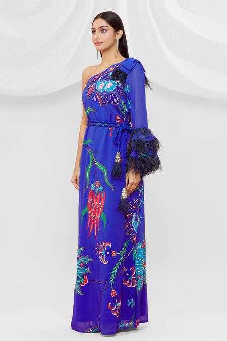 Pria Kataria Puri Blue Georgette Embellished Floral Pattern One Shoulder Dress Online at Aza Fashions Pria Kataria Puri_Blue Georgette Embellished Floral Pattern One Shoulder Dress _Online_at_Aza_Fashions