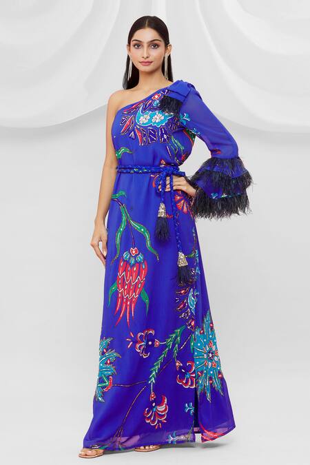 Buy Pria Kataria Puri Blue Georgette Embellished Floral Pattern One Shoulder Dress Online at Aza Fashions Buy_Pria Kataria Puri_Blue Georgette Embellished Floral Pattern One Shoulder Dress _Online_at_Aza_Fashions