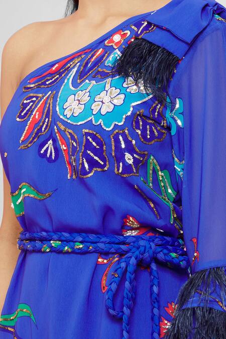 Pria Kataria Puri Blue Georgette Embellished Floral Pattern One Shoulder Dress at Aza Fashions Pria Kataria Puri_Blue Georgette Embellished Floral Pattern One Shoulder Dress _at_Aza_Fashions