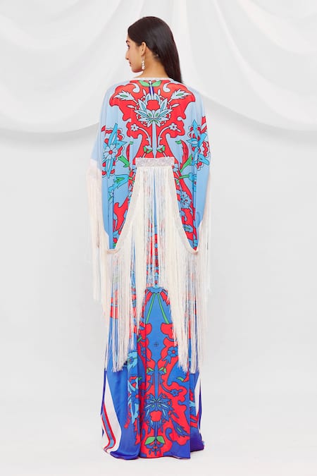 Shop Pria Kataria Puri Blue Crepe Embellished Floral Keyhole Pattern Tassel Sleeve Kaftan at Aza Fashions Shop_Pria Kataria Puri_Blue Crepe Embellished Floral Keyhole Pattern Tassel Sleeve Kaftan _at_Aza_Fashions