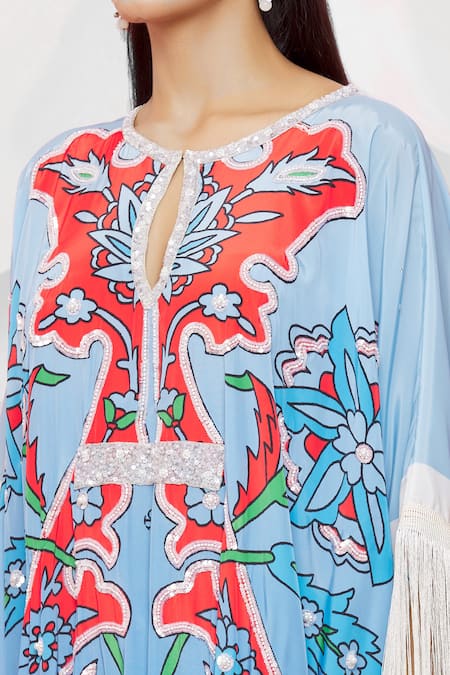 Pria Kataria Puri Blue Crepe Embellished Floral Keyhole Pattern Tassel Sleeve Kaftan at Aza Fashions Pria Kataria Puri_Blue Crepe Embellished Floral Keyhole Pattern Tassel Sleeve Kaftan _at_Aza_Fashions