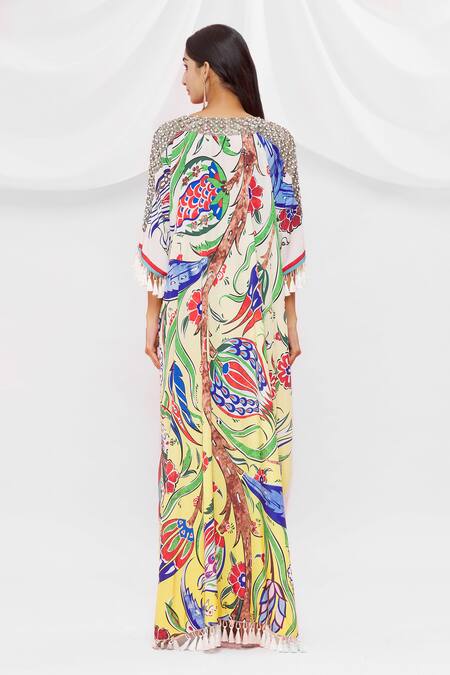 Shop Pria Kataria Puri White Crepe Embellished Floral Blunt V Pattern Tassel Sleeve Kaftan at Aza Fashions Shop_Pria Kataria Puri_White Crepe Embellished Floral Blunt V Pattern Tassel Sleeve Kaftan _at_Aza_Fashions