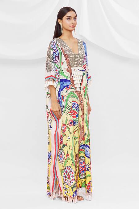 Pria Kataria Puri White Crepe Embellished Floral Blunt V Pattern Tassel Sleeve Kaftan Online at Aza Fashions Pria Kataria Puri_White Crepe Embellished Floral Blunt V Pattern Tassel Sleeve Kaftan _Online_at_Aza_Fashions