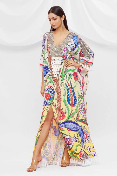 Buy Pria Kataria Puri White Crepe Embellished Floral Blunt V Pattern Tassel Sleeve Kaftan Online at Aza Fashions Buy_Pria Kataria Puri_White Crepe Embellished Floral Blunt V Pattern Tassel Sleeve Kaftan _Online_at_Aza_Fashions