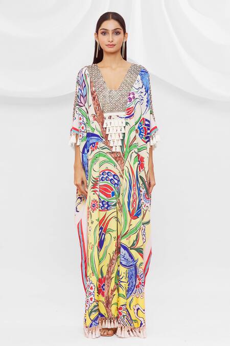 Shop Pria Kataria Puri White Crepe Embellished Floral Blunt V Pattern Tassel Sleeve Kaftan Online at Aza Fashions Shop_Pria Kataria Puri_White Crepe Embellished Floral Blunt V Pattern Tassel Sleeve Kaftan _Online_at_Aza_Fashions