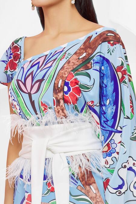 Pria Kataria Puri Blue Crepe Embellished Floral Asymmetric Pattern Kaftan at Aza Fashions Pria Kataria Puri_Blue Crepe Embellished Floral Asymmetric Pattern Kaftan _at_Aza_Fashions