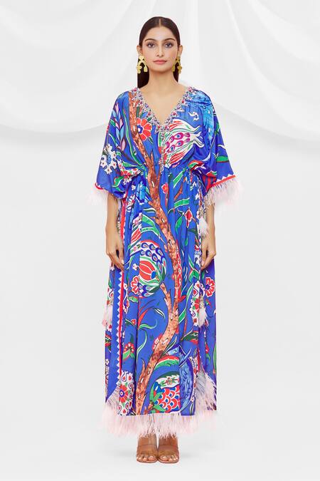 Buy Pria Kataria Puri Blue Crepe Embellished Floral V Neck Pattern Kaftan Online at Aza Fashions Buy_Pria Kataria Puri_Blue Crepe Embellished Floral V Neck Pattern Kaftan _Online_at_Aza_Fashions