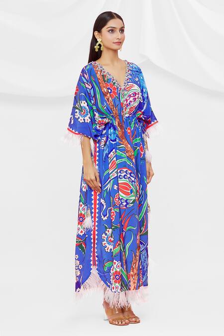 Shop Pria Kataria Puri Blue Crepe Embellished Floral V Neck Pattern Kaftan Online at Aza Fashions Shop_Pria Kataria Puri_Blue Crepe Embellished Floral V Neck Pattern Kaftan _Online_at_Aza_Fashions