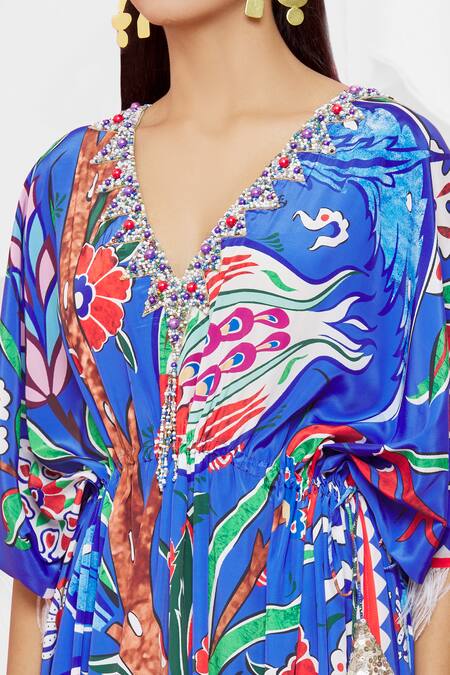 Pria Kataria Puri Blue Crepe Embellished Floral V Neck Pattern Kaftan at Aza Fashions Pria Kataria Puri_Blue Crepe Embellished Floral V Neck Pattern Kaftan _at_Aza_Fashions