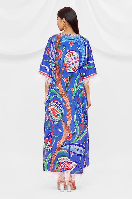 Shop Pria Kataria Puri Blue Crepe Embellished Floral V Neck Pattern Kaftan at Aza Fashions Shop_Pria Kataria Puri_Blue Crepe Embellished Floral V Neck Pattern Kaftan _at_Aza_Fashions