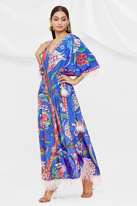 Pria Kataria Puri Blue Crepe Embellished Floral V Neck Pattern Kaftan Online at Aza Fashions Pria Kataria Puri_Blue Crepe Embellished Floral V Neck Pattern Kaftan _Online_at_Aza_Fashions