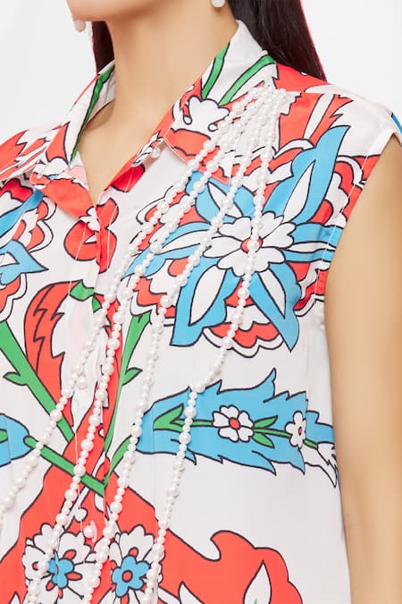 Pria Kataria Puri White Crepe Embellished Floral Shirt Collar Pattern Dress at Aza Fashions Pria Kataria Puri_White Crepe Embellished Floral Shirt Collar Pattern Dress _at_Aza_Fashions