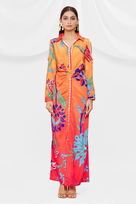 Buy_Pria Kataria Puri_Red Crepe Embellished Floral Shirt Collar Pattern Cold Shoulder Dress _Online_at_Aza_Fashions