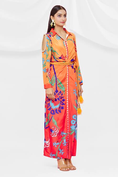 Shop_Pria Kataria Puri_Red Crepe Embellished Floral Shirt Collar Pattern Cold Shoulder Dress _Online_at_Aza_Fashions