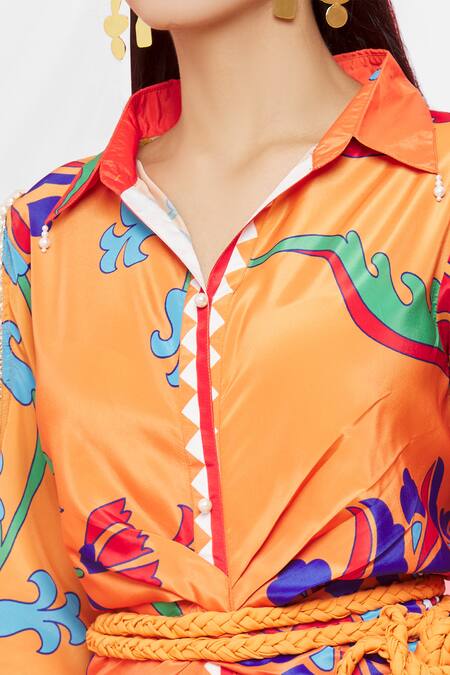 Pria Kataria Puri_Red Crepe Embellished Floral Shirt Collar Pattern Cold Shoulder Dress _at_Aza_Fashions