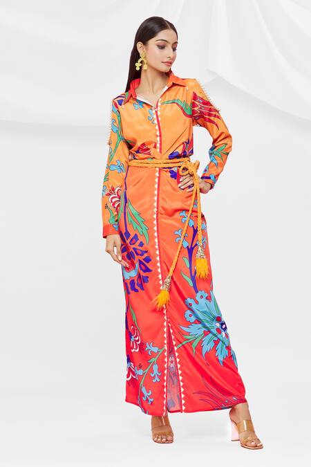 Pria Kataria Puri_Red Crepe Embellished Floral Shirt Collar Pattern Cold Shoulder Dress _Online_at_Aza_Fashions