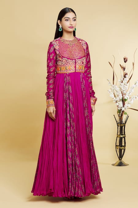Debyani + CO_Magenta Floral, Sequin, Thread Round Embroidered Jacket And Anarkali Set _Online_at_Aza_Fashions