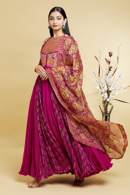 Buy_Debyani + CO_Magenta Floral, Sequin, Thread Round Embroidered Jacket And Anarkali Set _Online_at_Aza_Fashions