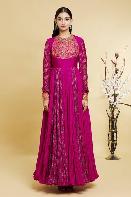 Shop_Debyani + CO_Magenta Floral, Sequin, Thread Round Embroidered Jacket And Anarkali Set _Online_at_Aza_Fashions