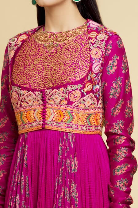 Debyani + CO_Magenta Floral, Sequin, Thread Round Embroidered Jacket And Anarkali Set _at_Aza_Fashions