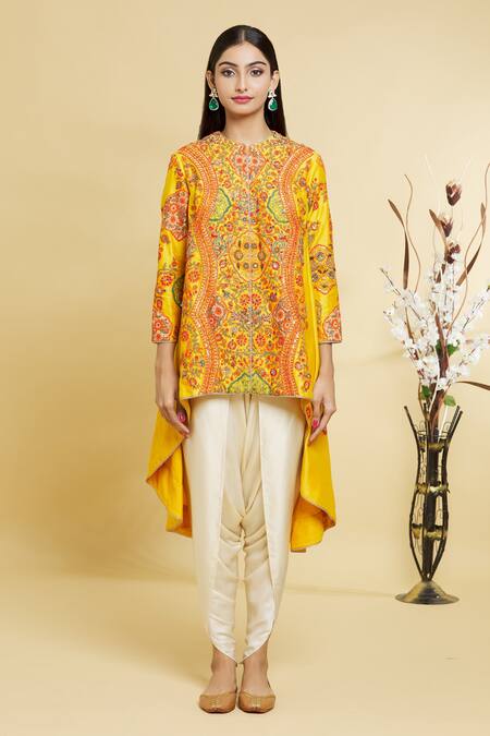 Debyani + CO_Yellow Floral, Sequin Round Embroidered Jacket And Pant Set _Online_at_Aza_Fashions