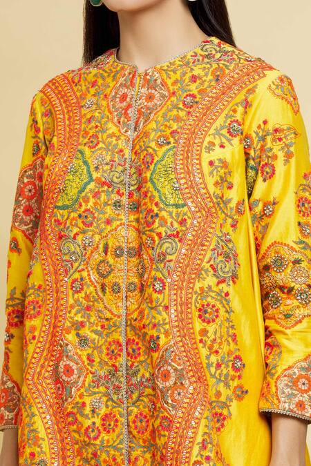 Shop_Debyani + CO_Yellow Floral, Sequin Round Embroidered Jacket And Pant Set _Online_at_Aza_Fashions