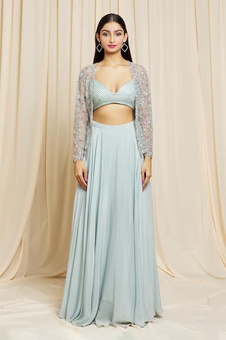 Buy Izzumi Mehta Blue Jacket Net, Lehenga And Blouse Crepe Floral Plunge Hand Embroidered & Set Online at Aza Fashions Buy_Izzumi Mehta_Blue Jacket Net, Lehenga And Blouse Crepe Floral Plunge Hand Embroidered & Set _Online_at_Aza_Fashions