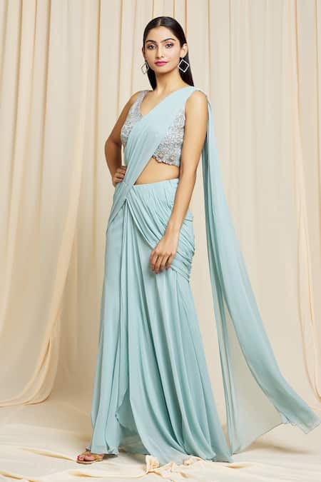 Buy Blue Saree And Blouse Georgette Petticoat Lycra Ombre With For Women by  Sawan Gandhi Online at Aza Fashions.