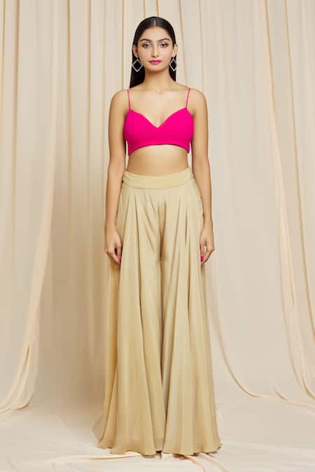 Izzumi Mehta Beige Crepe Mirror Round Embroidered Top And Palazzo Set at Aza Fashions Izzumi Mehta_Beige Crepe Mirror Round Embroidered Top And Palazzo Set _at_Aza_Fashions