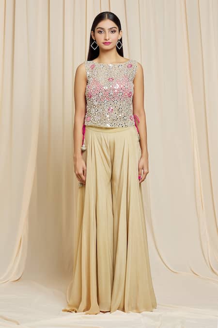 Buy Izzumi Mehta Beige Crepe Mirror Round Embroidered Top And Palazzo Set Online at Aza Fashions Buy_Izzumi Mehta_Beige Crepe Mirror Round Embroidered Top And Palazzo Set _Online_at_Aza_Fashions